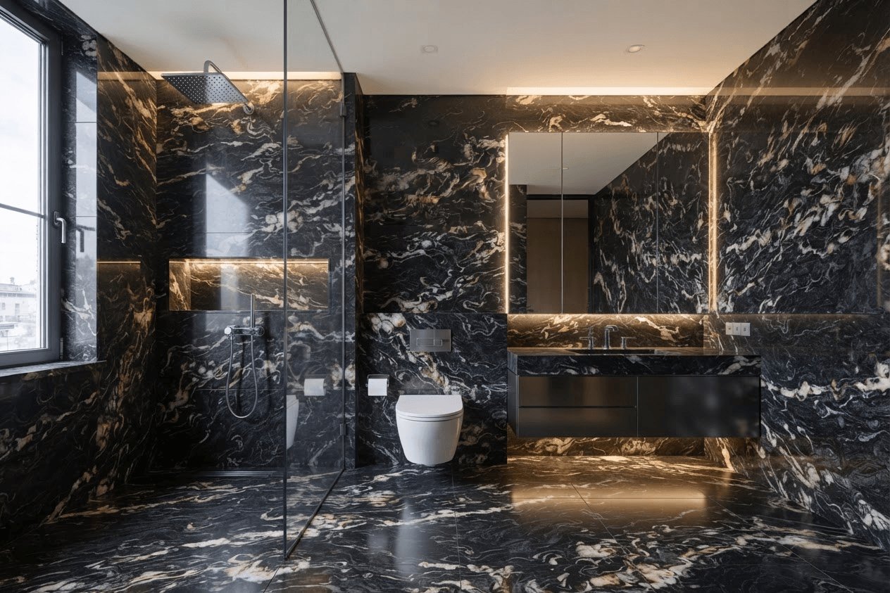 Badezimmer in Belvedere — tiefschwarzer Naturstein mit heller, goldener Äderung