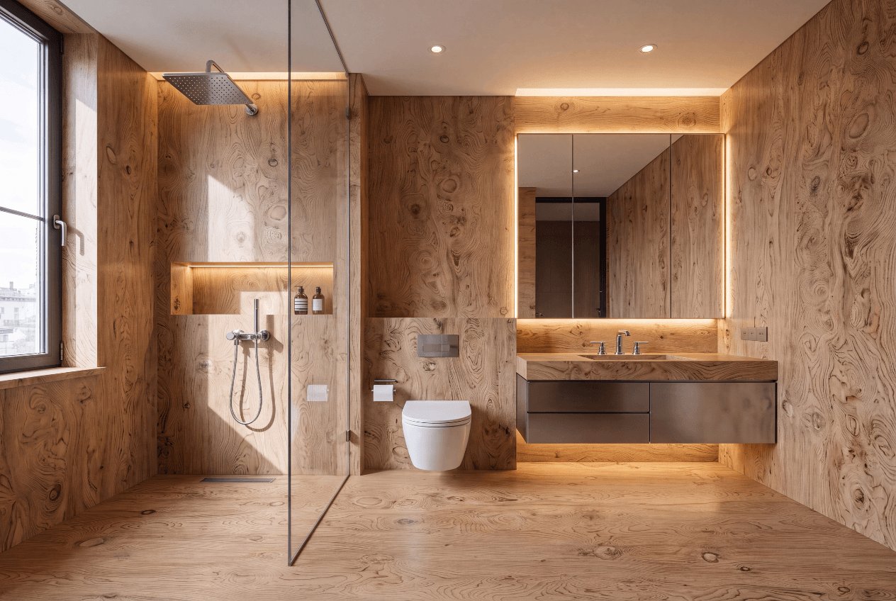 Badezimmer in Neolith La Bohème mit warmer, durchgehender Holzoptik