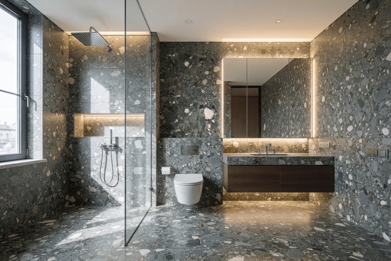 Badezimmer in Verde Salvan — grauer Konglomeratstein mit eingelagerten hellen Kieseln